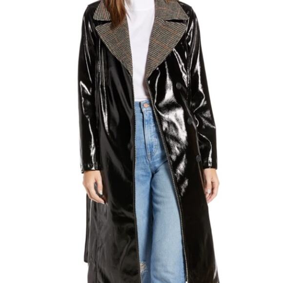 Something Navy Gloss Trench Coat Belted Collar Size Medium Faux Latex Jacket NEW - Picture 1 of 5